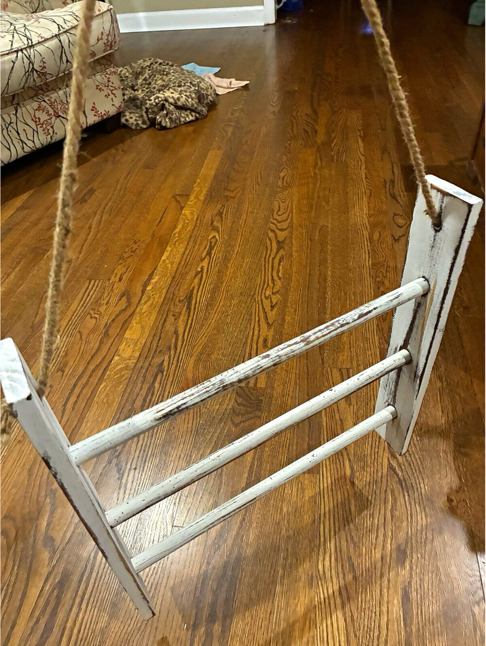 Farmhouse Distressed White Wood & Rope Hanging Wall Mount Bathroom Towel Rack